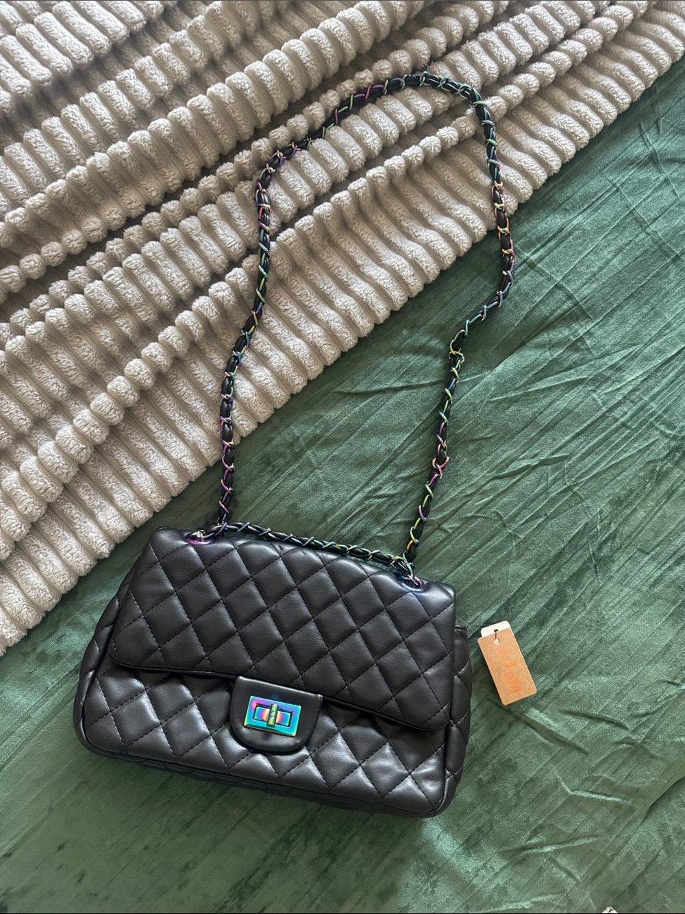 Black Quilted Shoulder Bag with Multicolor Chain Accent
